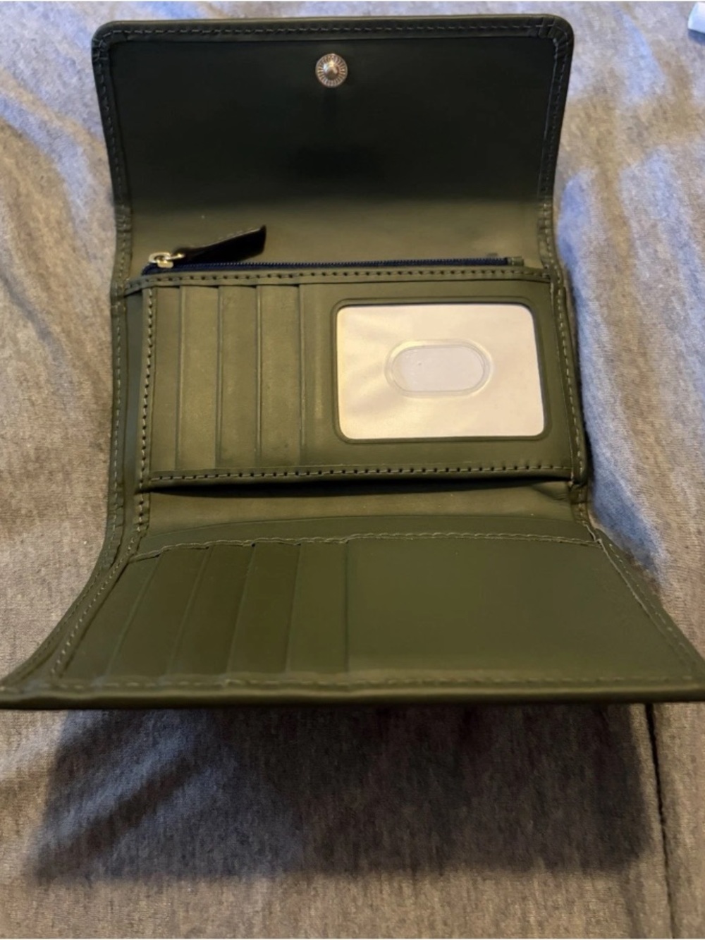 Dooney & Bourke Olive Green Leather Wallet with Striped Cotton Lining - Picture 4 of 4